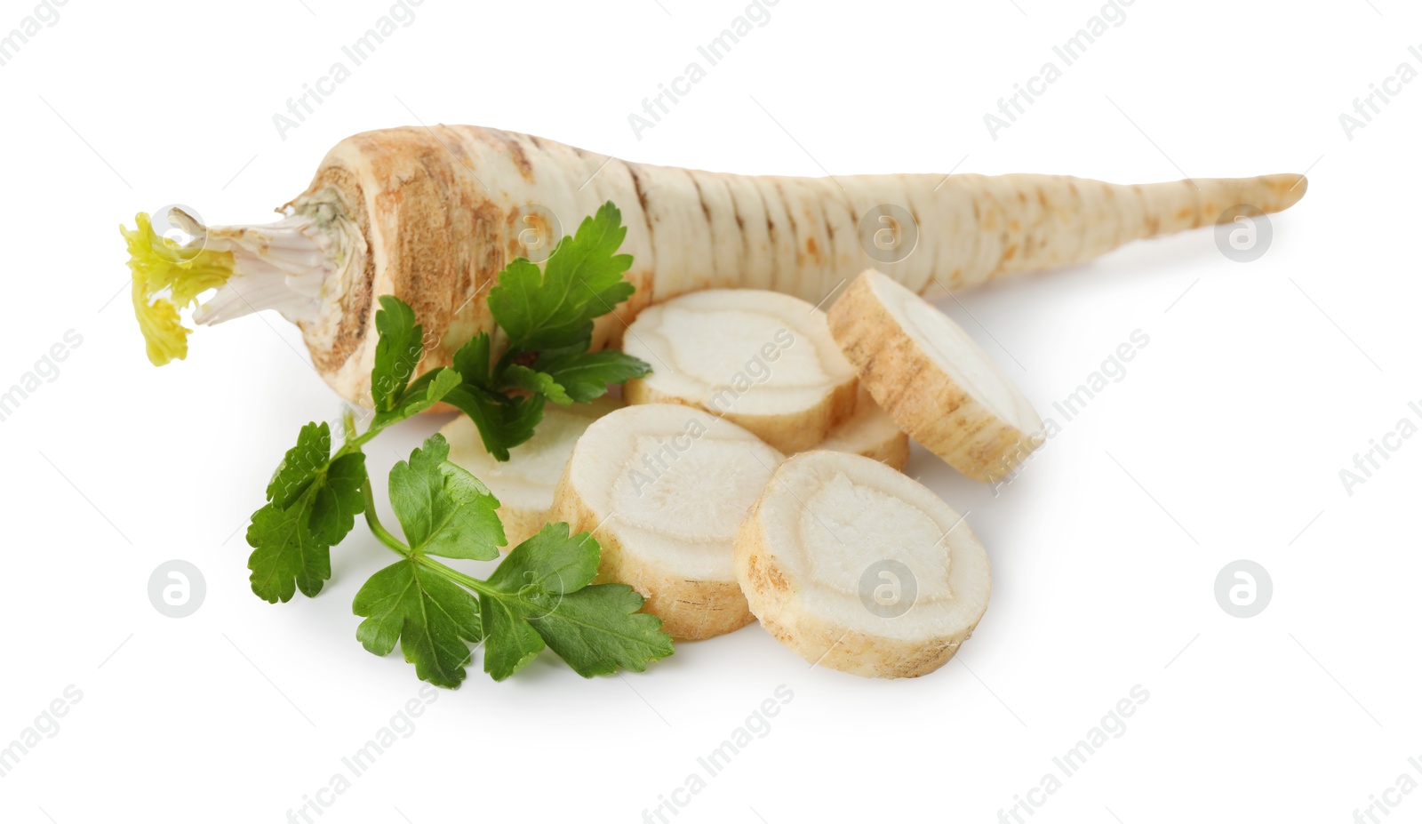 Photo of Fresh parsley and roots isolated on white