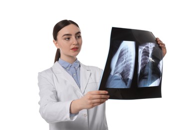 Photo of Doctor examining lungs x-ray on white background