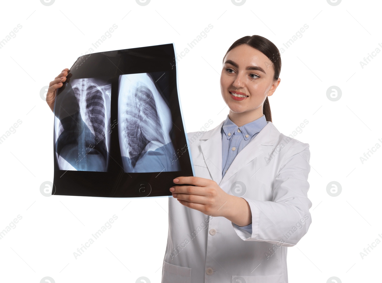 Photo of Doctor examining lungs x-ray on white background