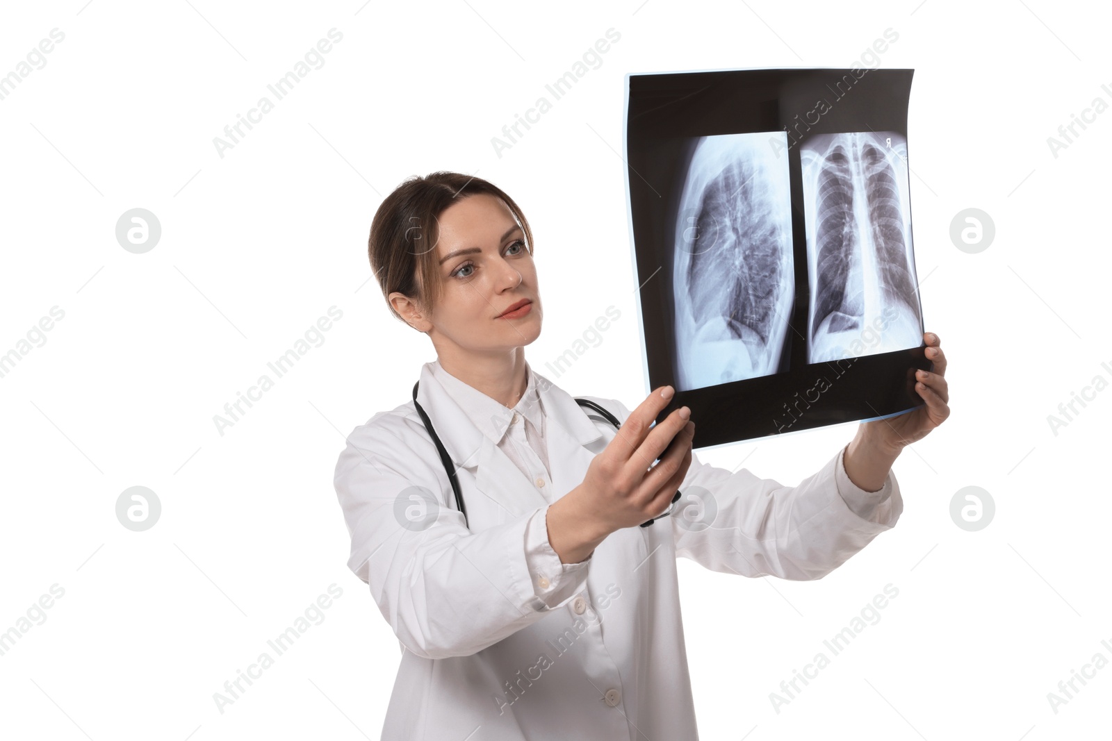 Photo of Doctor examining lungs x-ray on white background