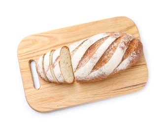 Photo of Wooden cutting board with fresh bread isolated on white, top view