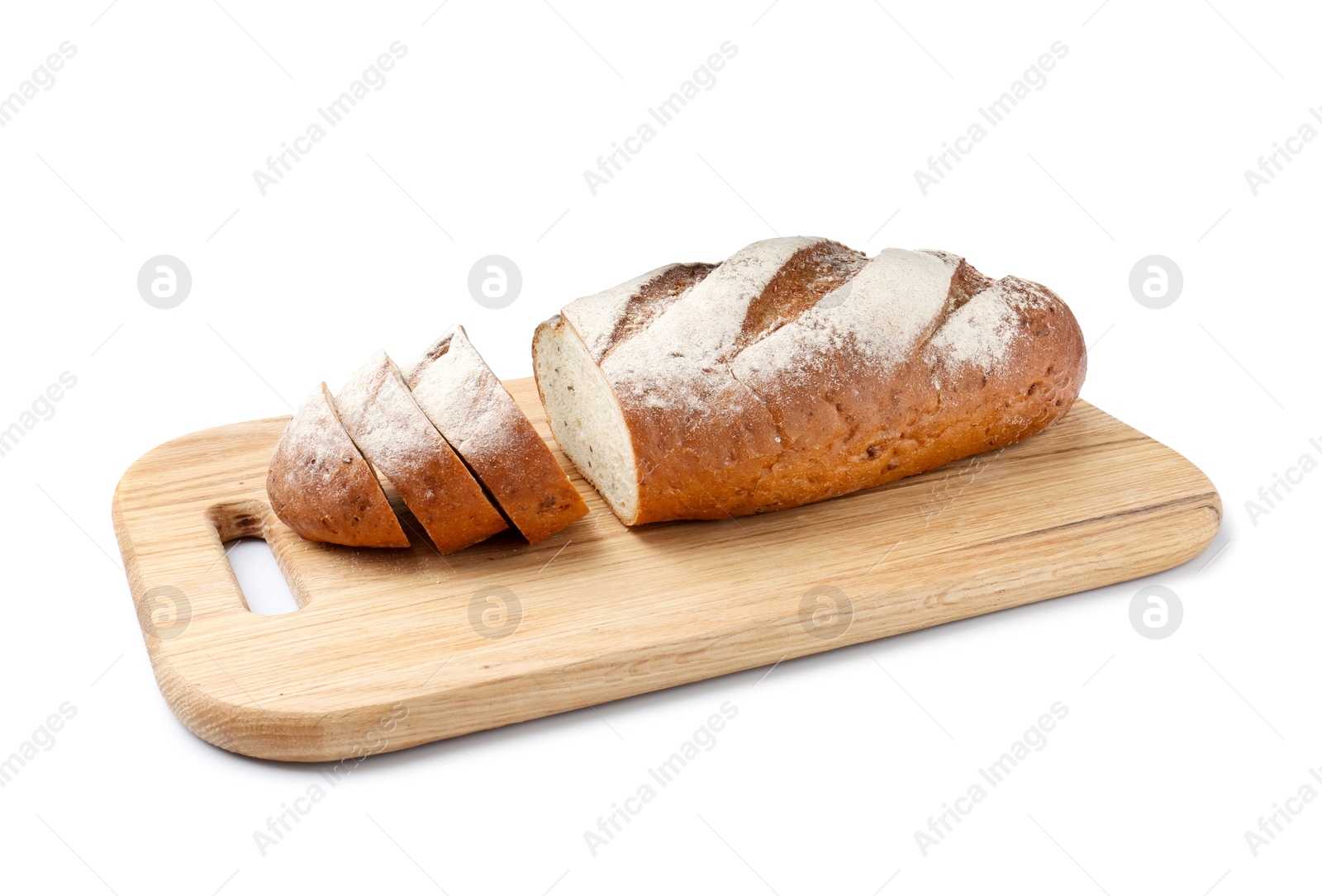 Photo of Wooden cutting board with fresh bread isolated on white