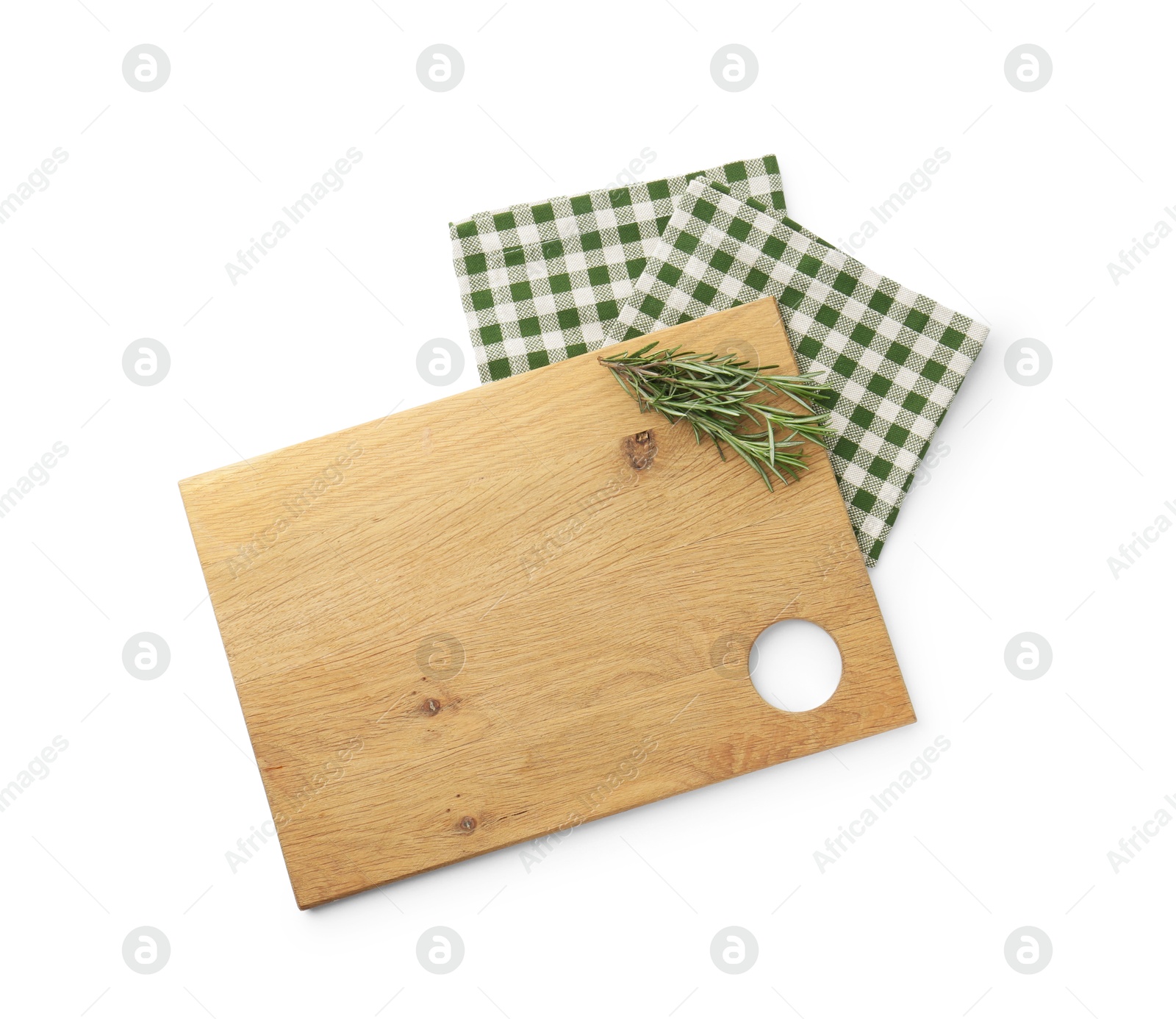 Photo of Cutting board with rosemary and towel isolated on white, top view