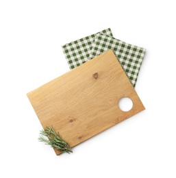 Photo of Cutting board with rosemary and towel isolated on white, top view