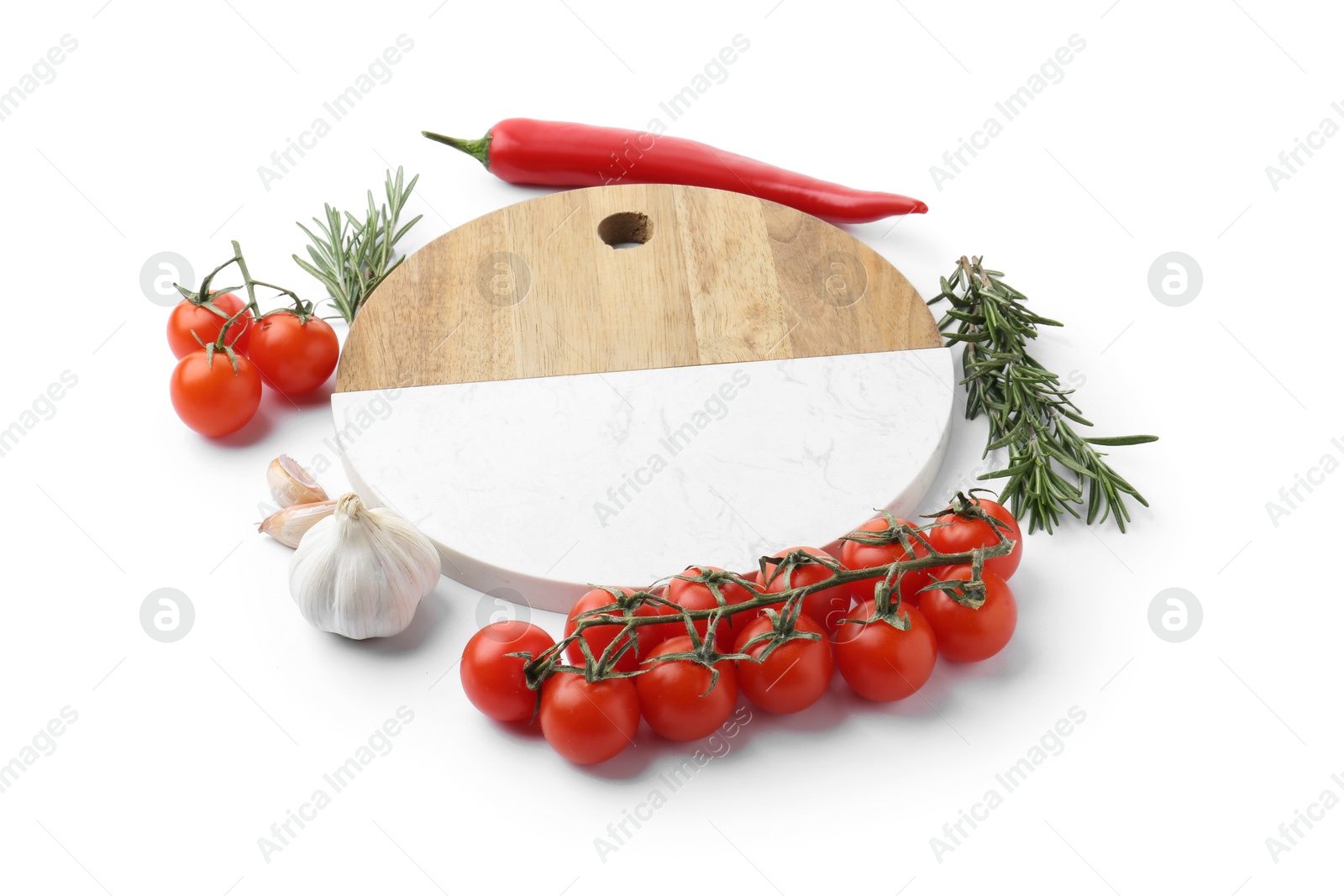 Photo of Cutting board with tomatoes and spices isolated on white