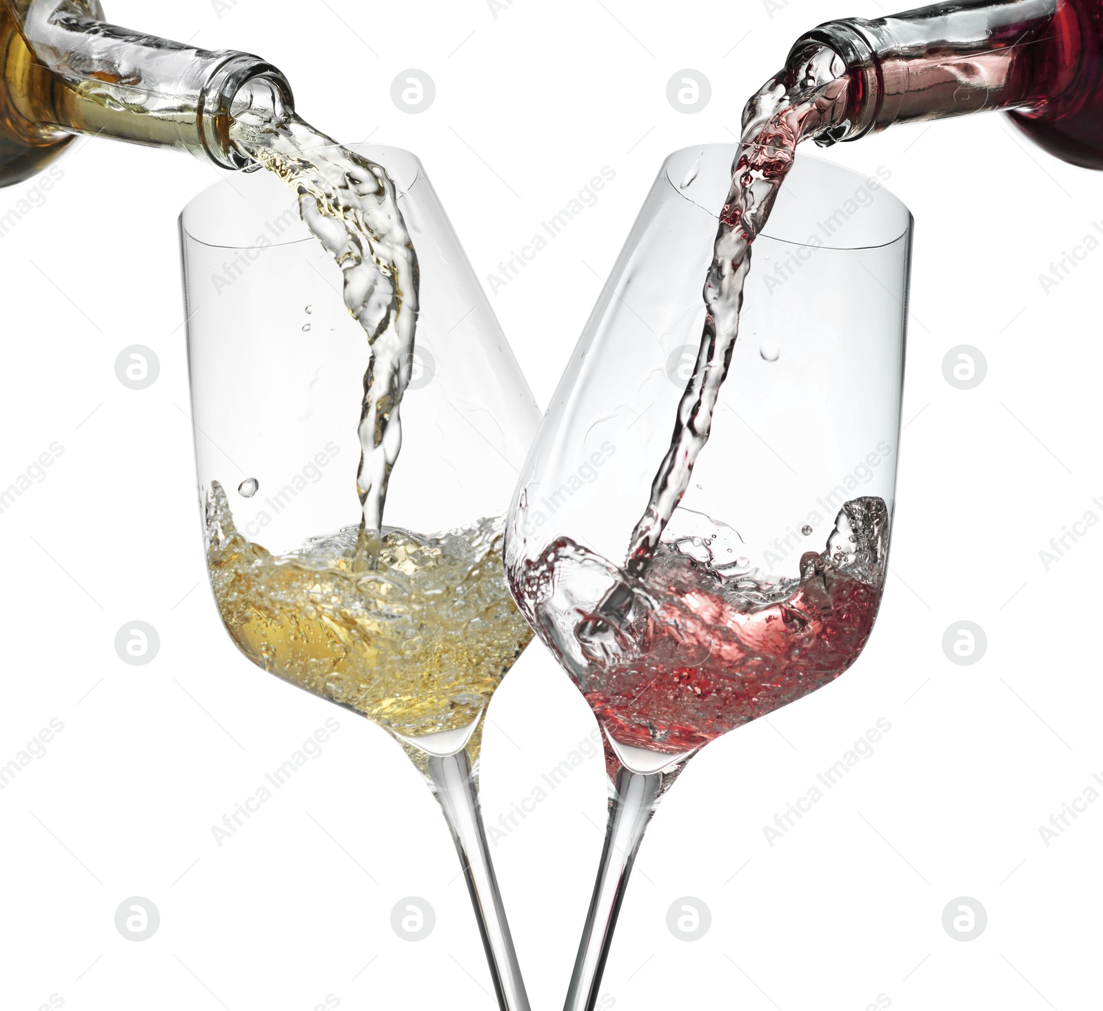 Image of Pouring different wine from bottles into glasses on white background