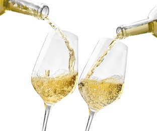 Image of Pouring wine from bottles into glasses on white background