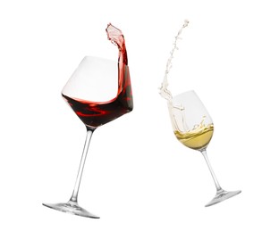 Image of Glasses of splashing wine isolated on white