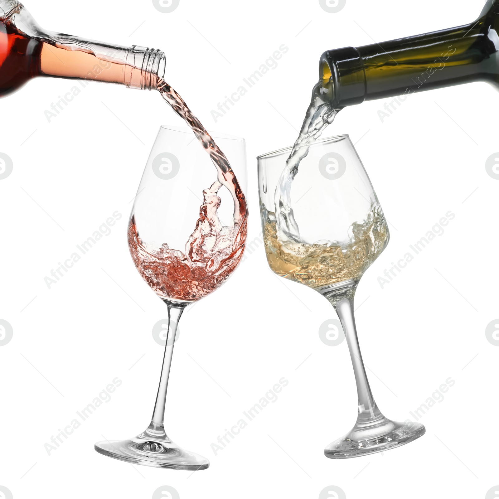 Image of Pouring different wine from bottles into glasses on white background