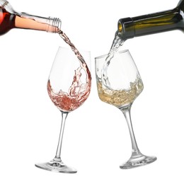 Image of Pouring different wine from bottles into glasses on white background