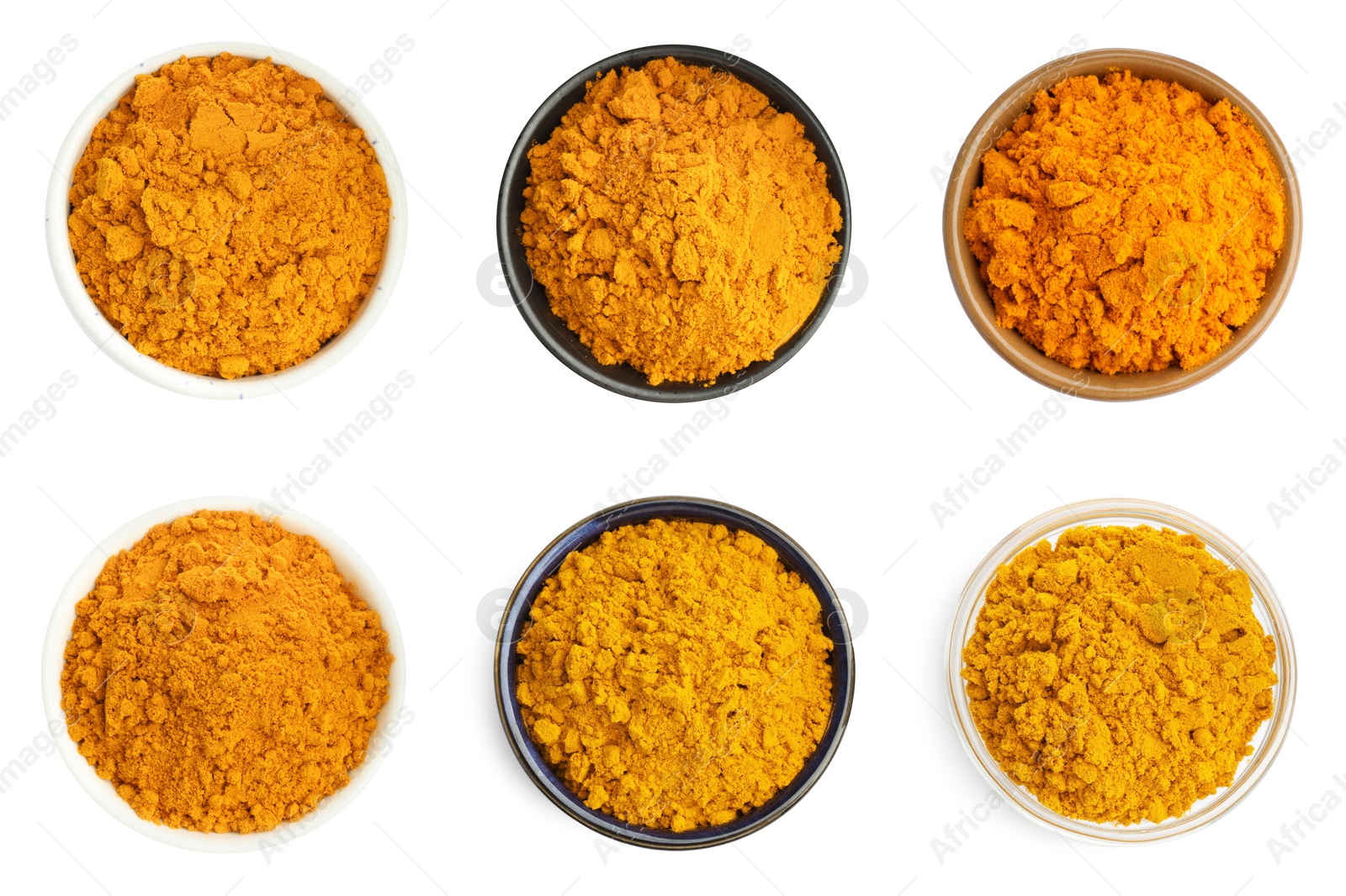 Image of Turmeric powder in bowls isolated on white, set. Top view