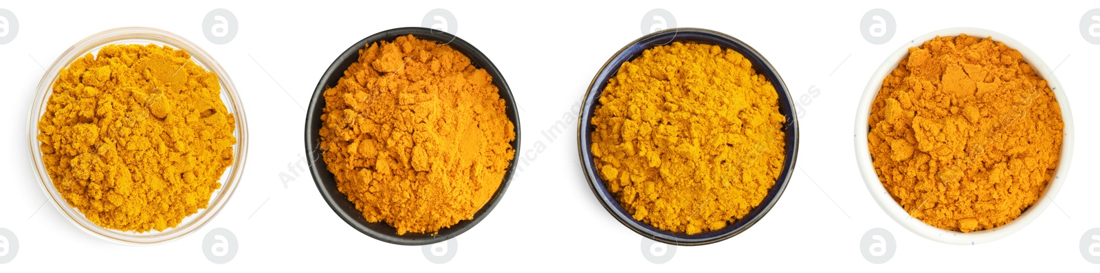 Image of Turmeric powder in bowls isolated on white, set. Top view