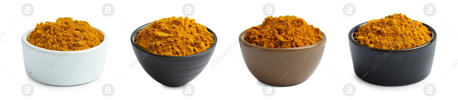 Image of Turmeric powder in bowls isolated on white, set