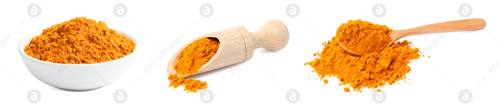 Image of Aromatic turmeric powder isolated on white, set