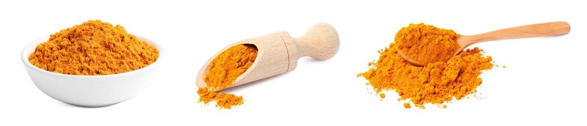 Image of Aromatic turmeric powder isolated on white, set