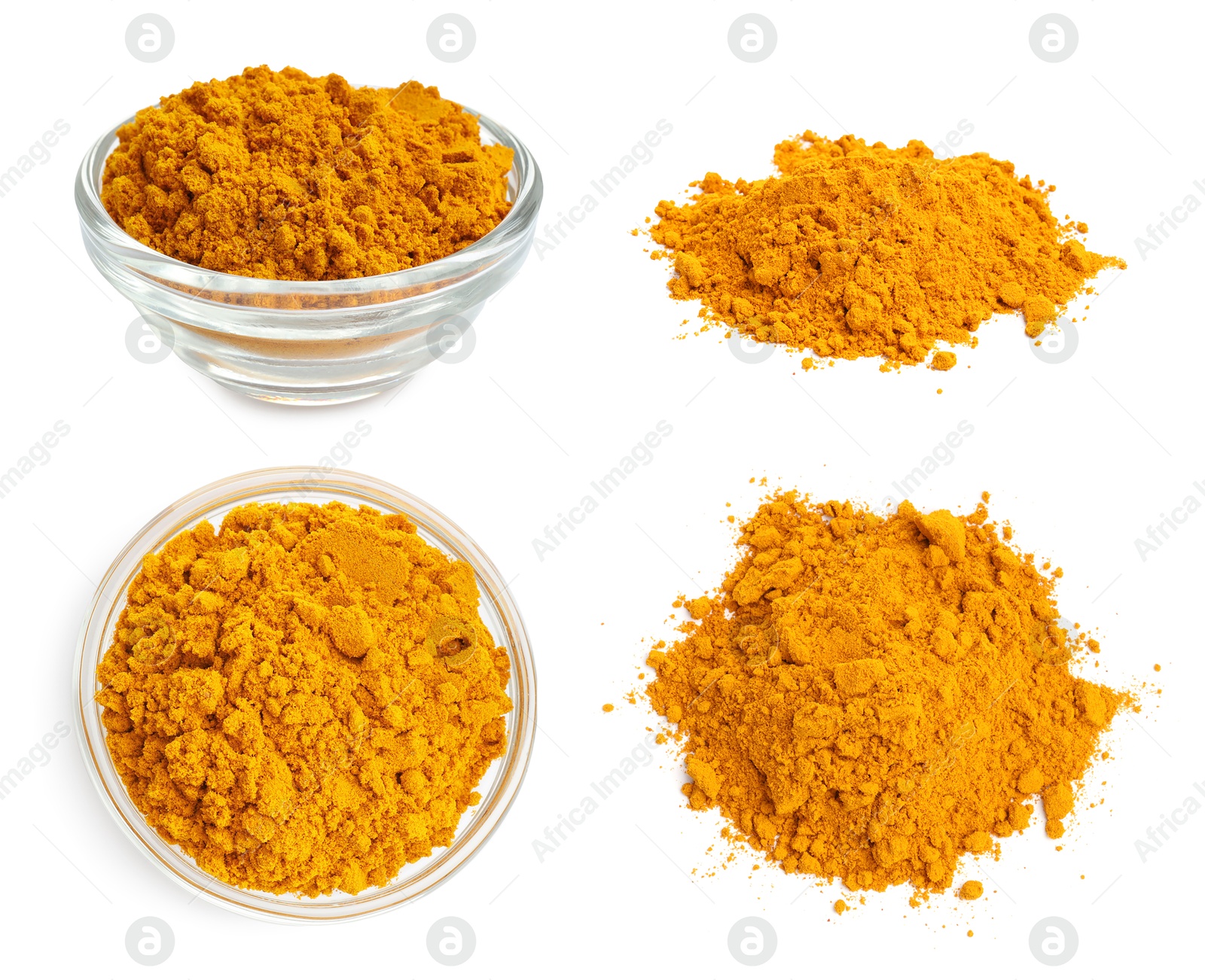 Image of Turmeric powder isolated on white, set. Top and side view