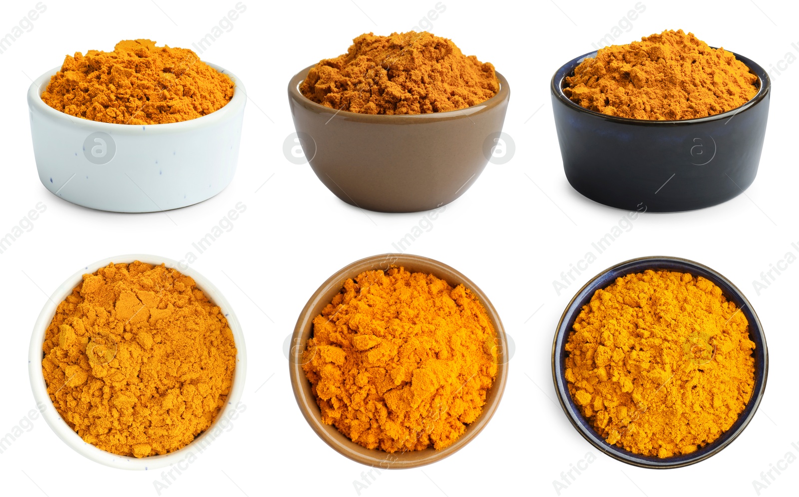 Image of Turmeric powder in bowls isolated on white, set. Top and side view