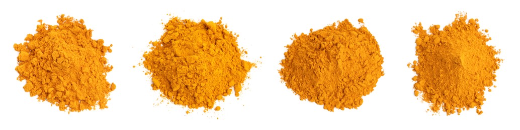 Image of Turmeric powder isolated on white, set. Top view