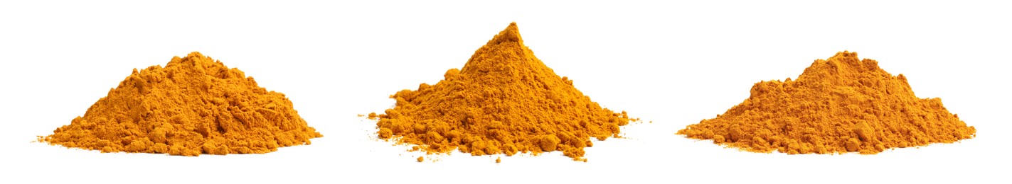 Image of Aromatic turmeric powder isolated on white, set