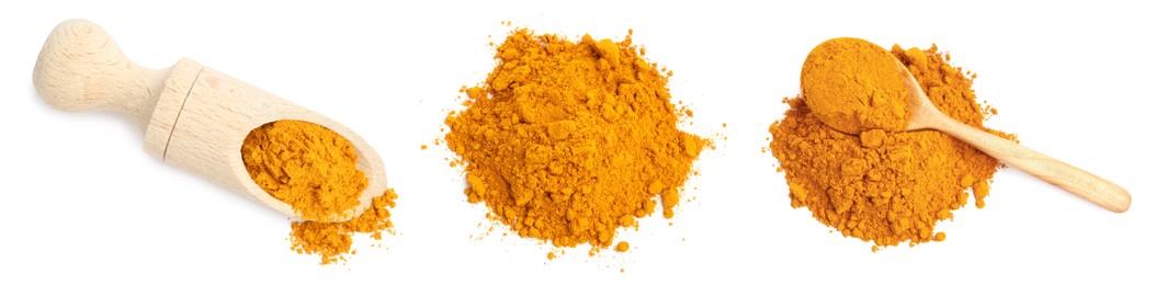 Image of Turmeric powder isolated on white, set. Top view