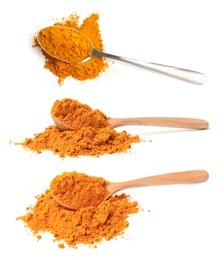 Image of Aromatic turmeric powder isolated on white, set