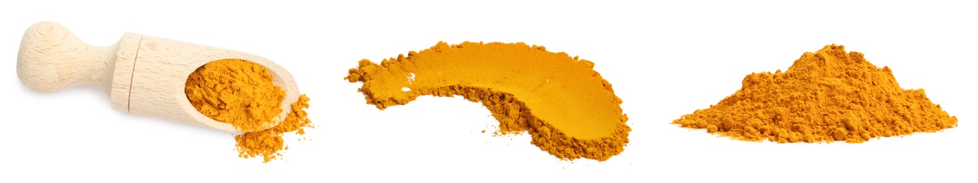 Image of Aromatic turmeric powder isolated on white, set