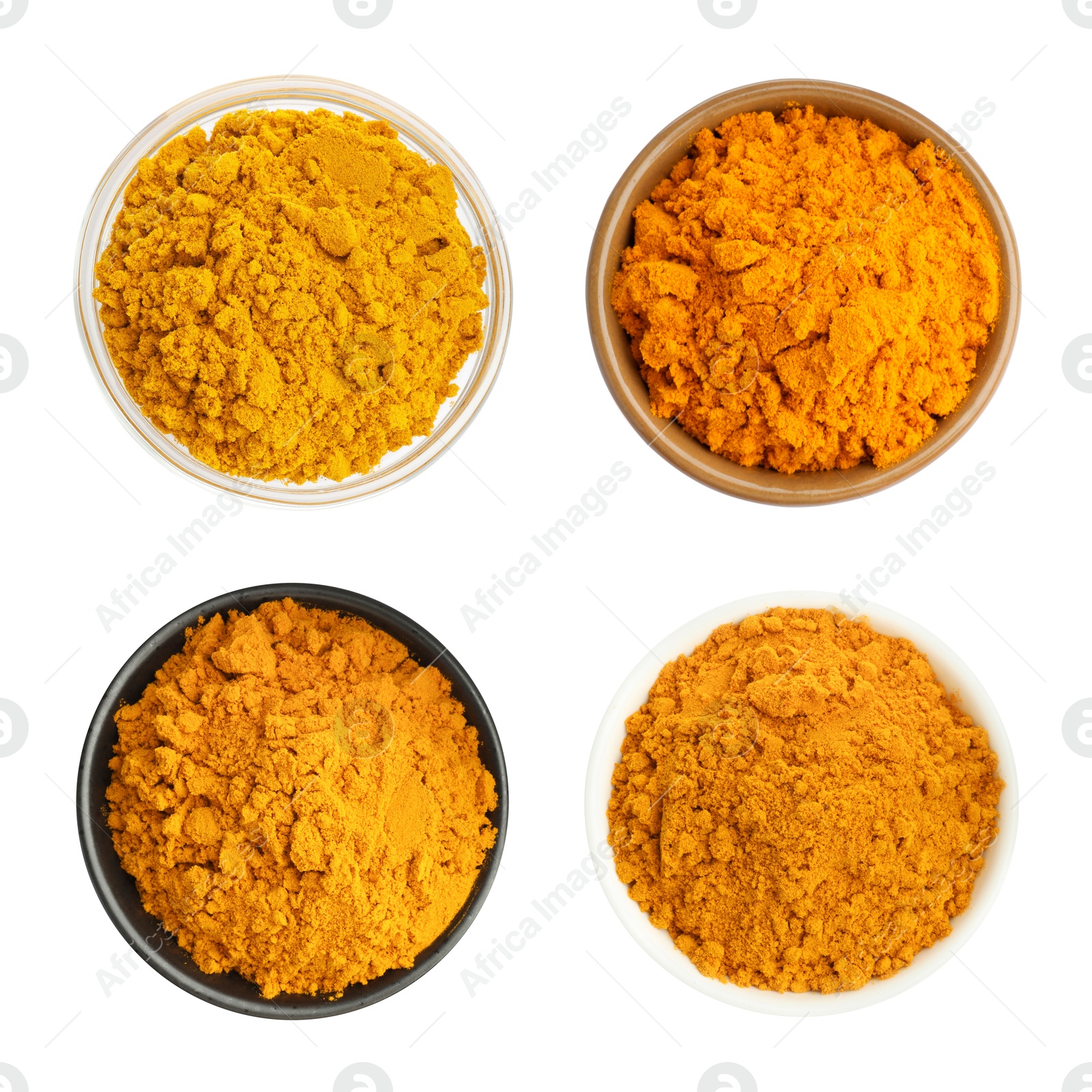 Image of Turmeric powder in bowls isolated on white, set. Top view