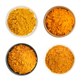 Image of Turmeric powder in bowls isolated on white, set. Top view