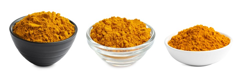 Image of Turmeric powder in bowls isolated on white, set