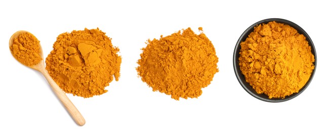 Image of Turmeric powder isolated on white, set. Top view