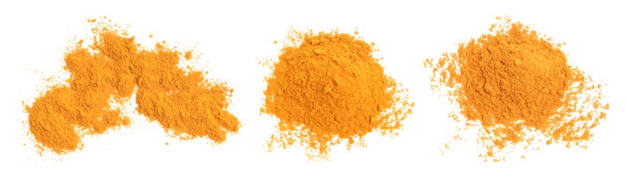 Image of Turmeric powder isolated on white, set. Top view