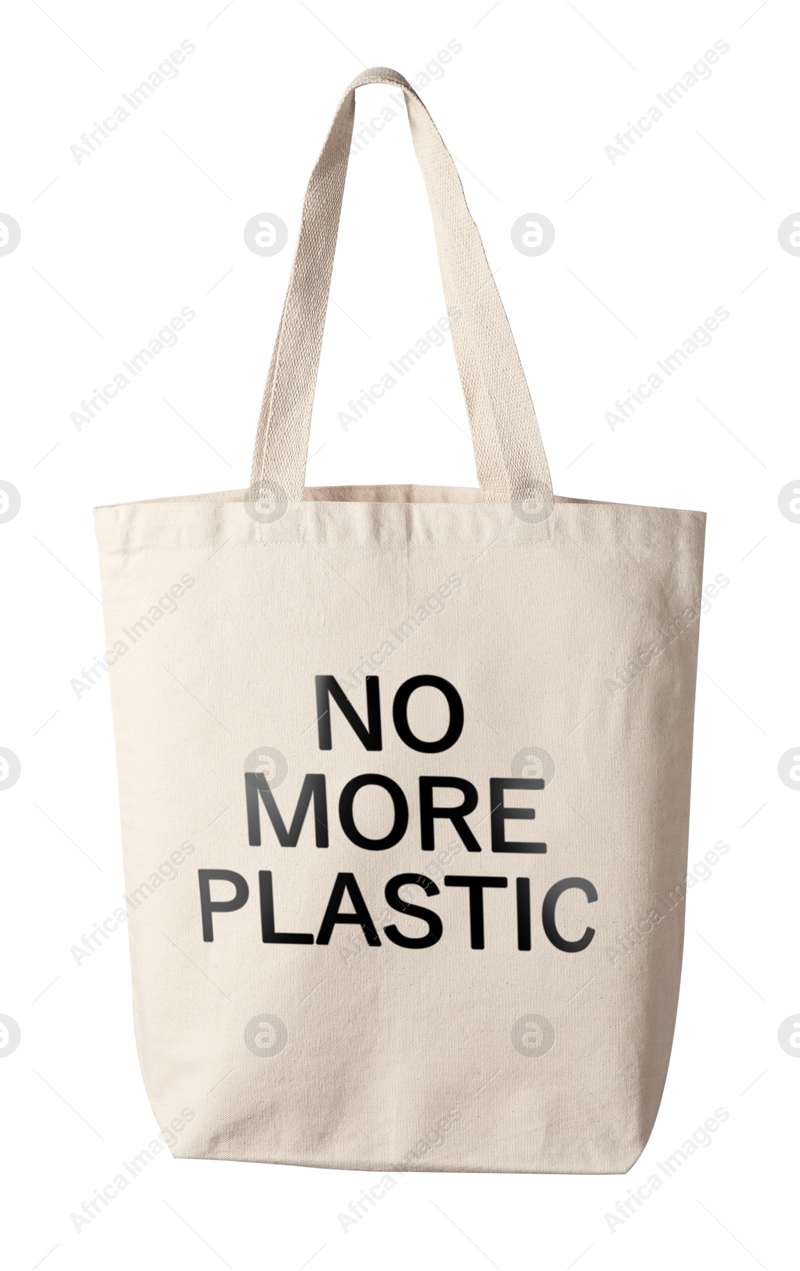 Image of Eco bag with No More Plastic text on white background