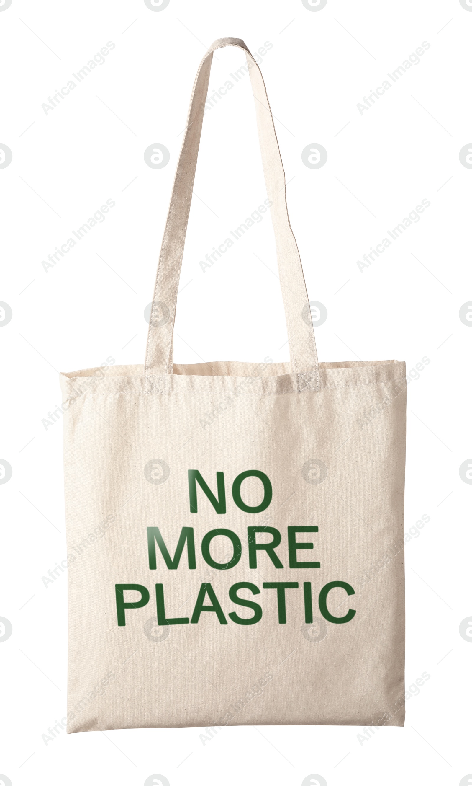 Image of Eco bag with No More Plastic text on white background