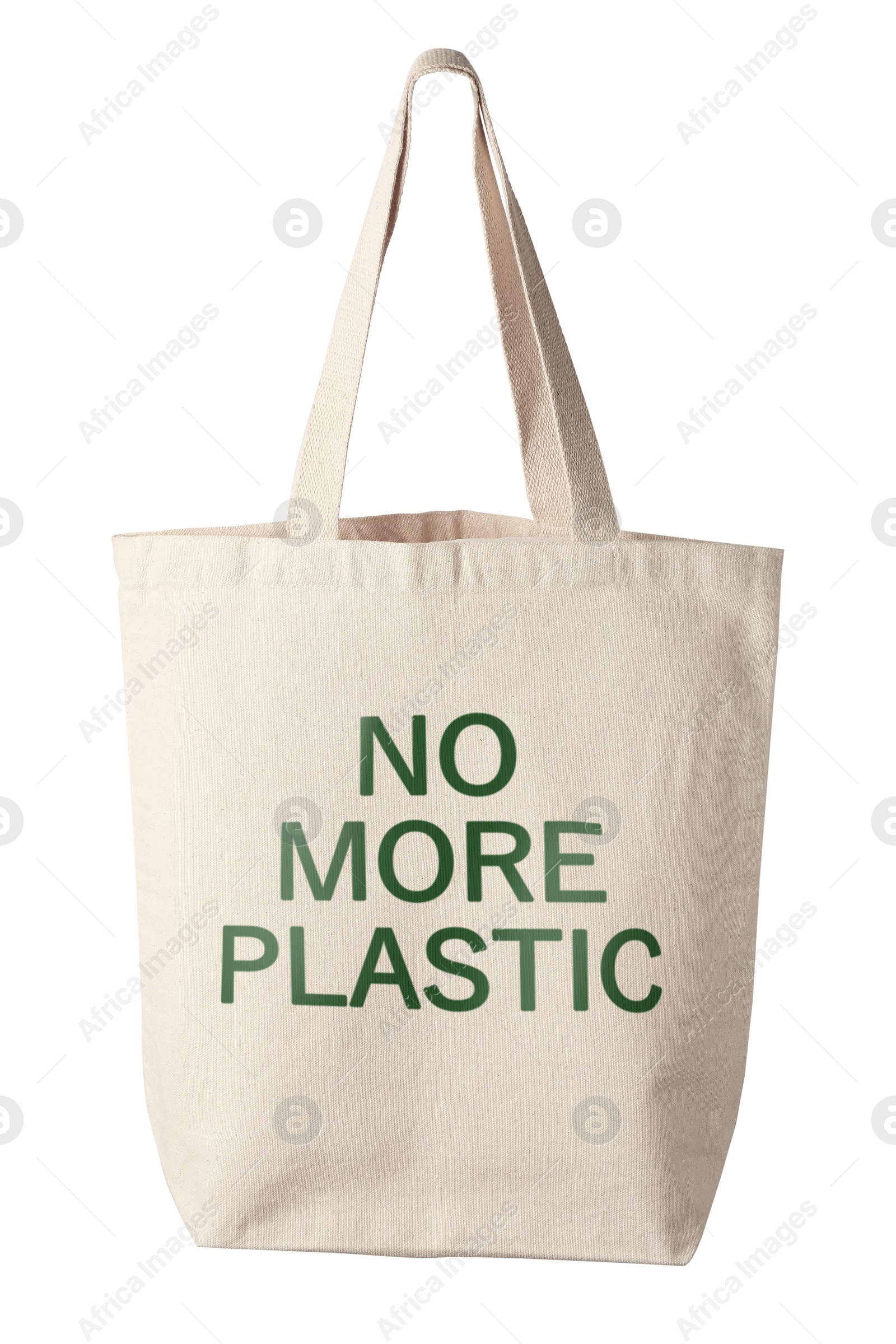 Image of Eco bag with No More Plastic text on white background