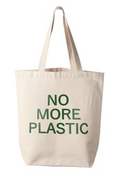 Image of Eco bag with No More Plastic text on white background