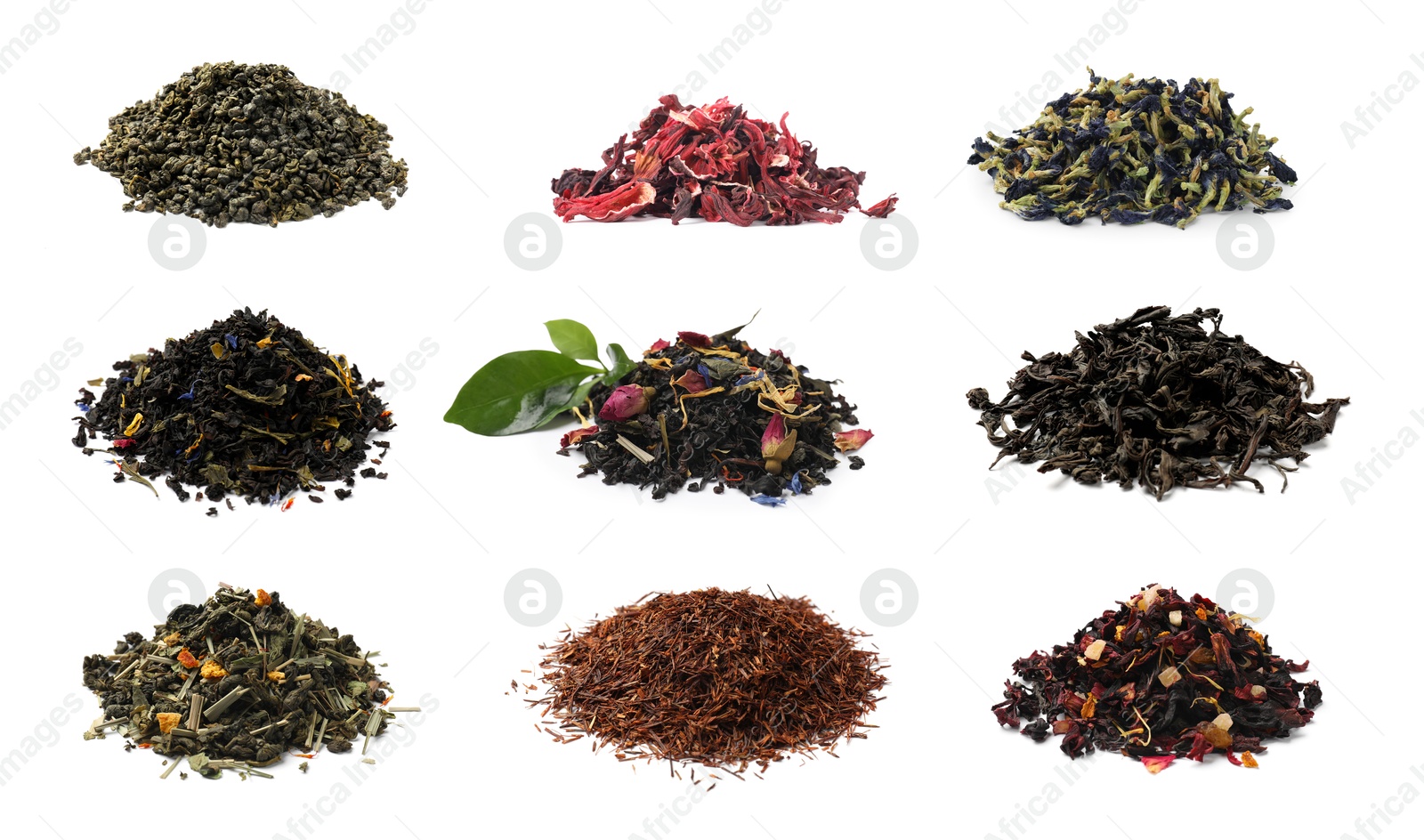 Image of Dried leaves of different types of tea on white background, set