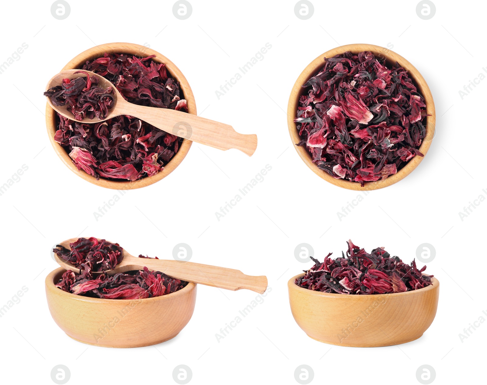 Image of Dry hibiscus tea isolated on white, top and side view