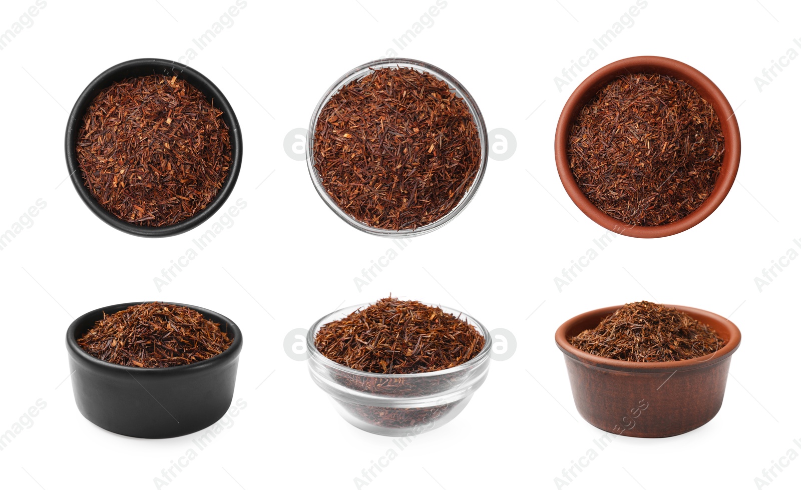 Image of Rooibos tea in bowls isolated on white, set. Top and side view