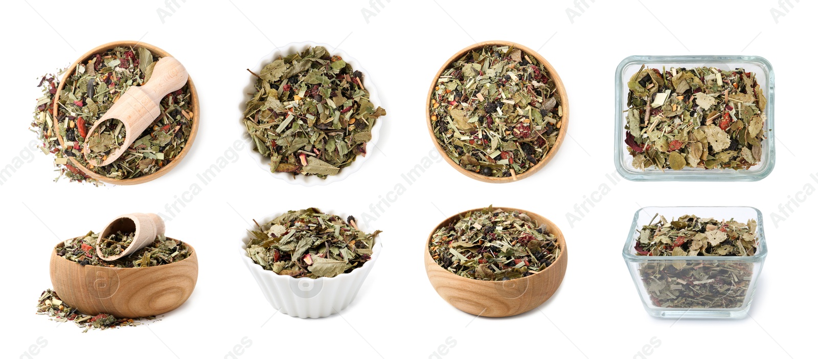 Image of Dried herbal tea in bowls isolated on white, set. Top and side view