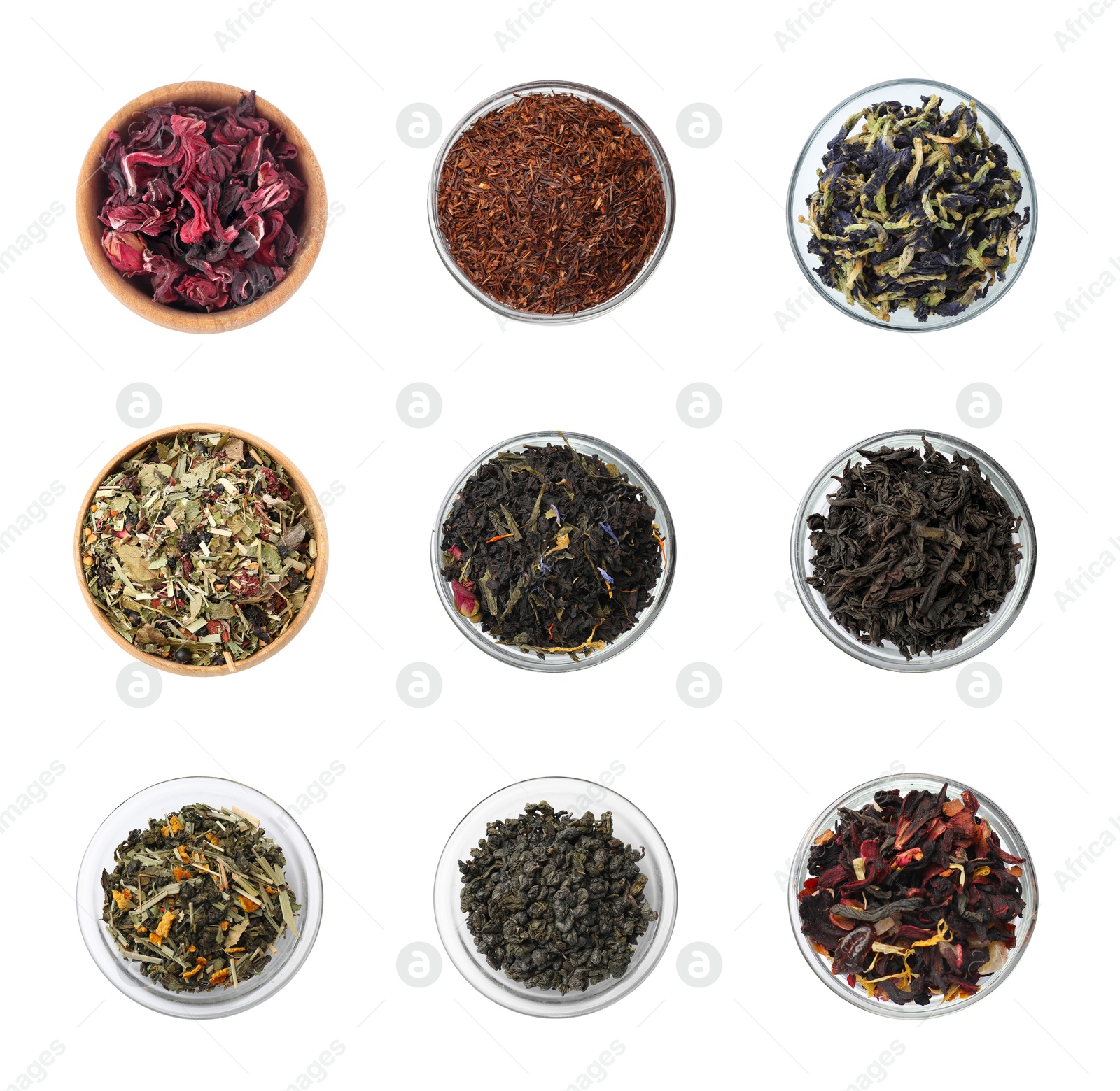 Image of Dried leaves of different types of tea in bowls on white background, set. Top view