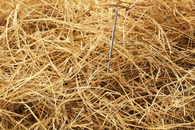 Image of Sewing needle sticking from haystack, closeup view