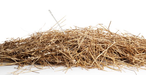 Image of Sewing needle in hay on white background