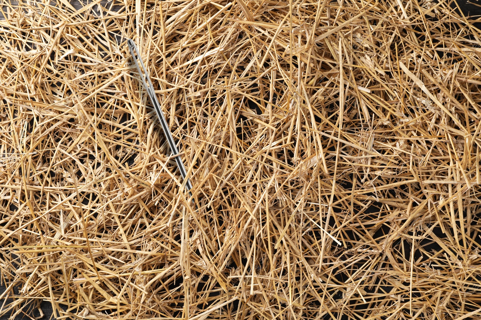 Image of Sewing needle in hay on wooden background, closeup view