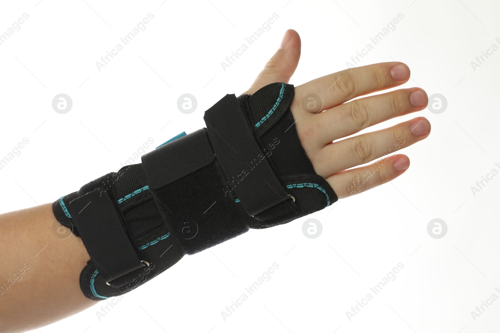 Photo of Injured woman with wrist brace on white background, closeup