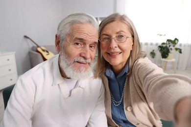 Happy elderly couple taking selfie at home