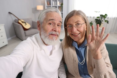 Happy elderly couple taking selfie at home