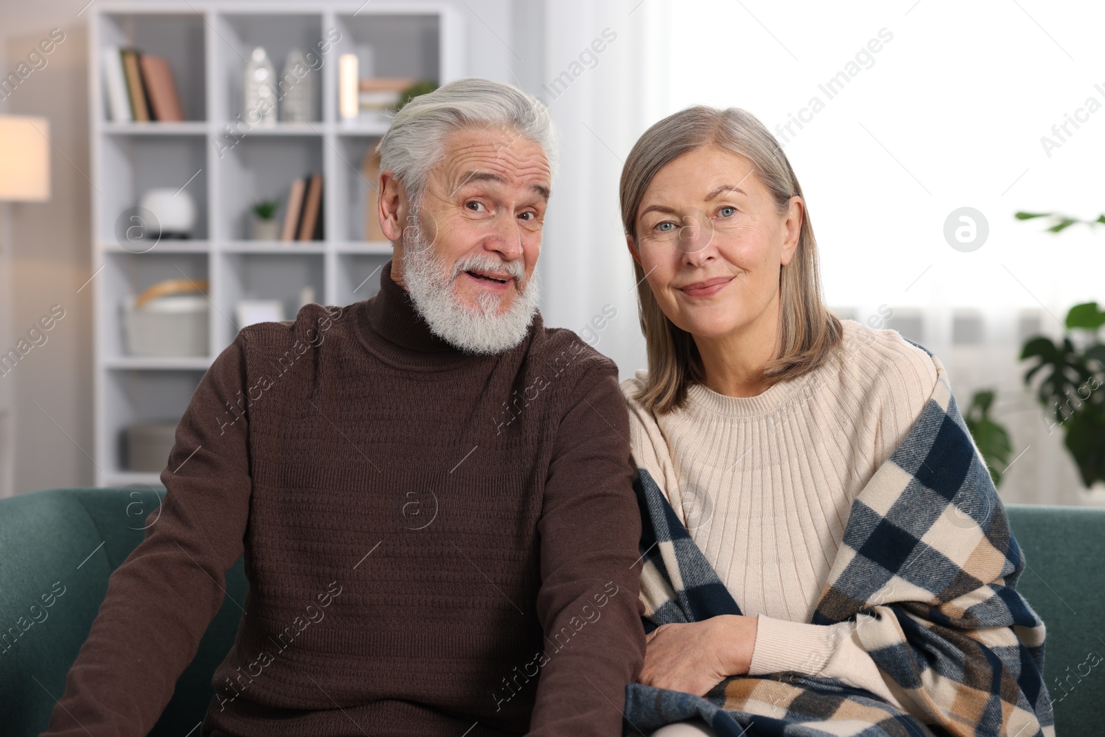 Photo of Portrait of happy elderly couple on sofa at home