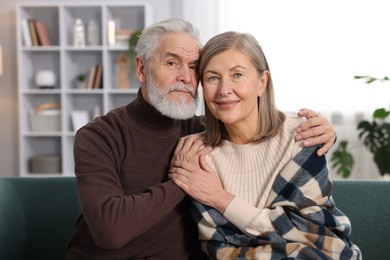 Portrait of cute elderly couple on sofa at home