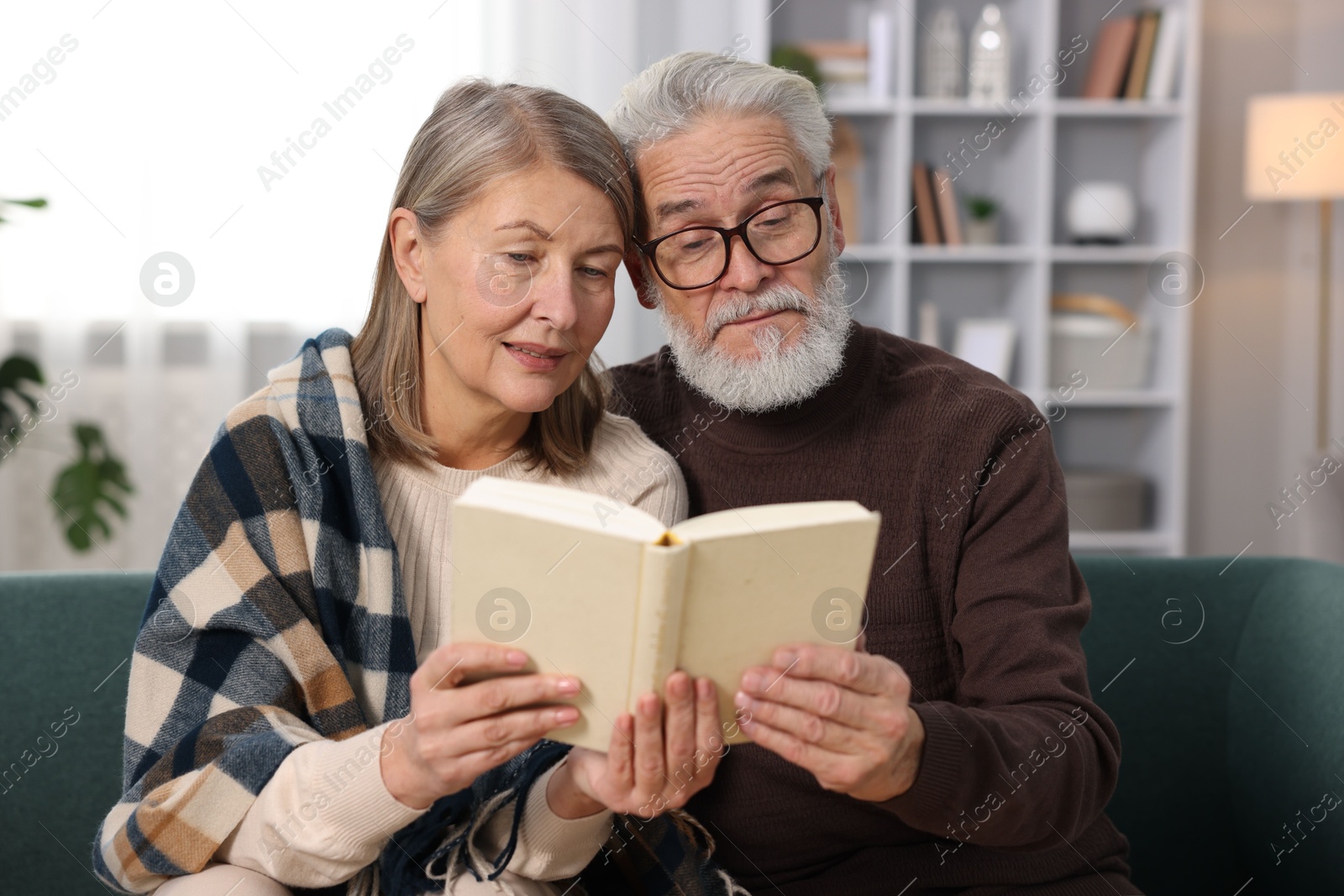 Photo of Cute elderly couple reading book together on sofa at home