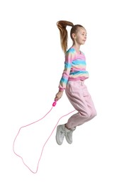 Photo of Cute little girl with jump rope on white background